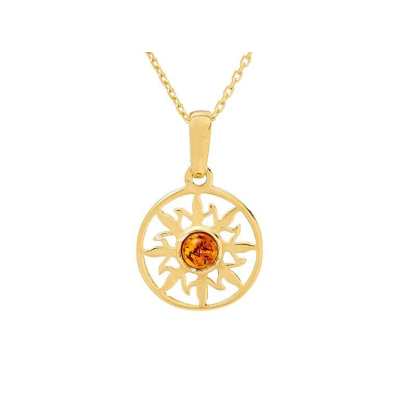 Colgante de sol con ámbar coñac redondo, en plata dorado 925, diámetro 1,5+1 cm