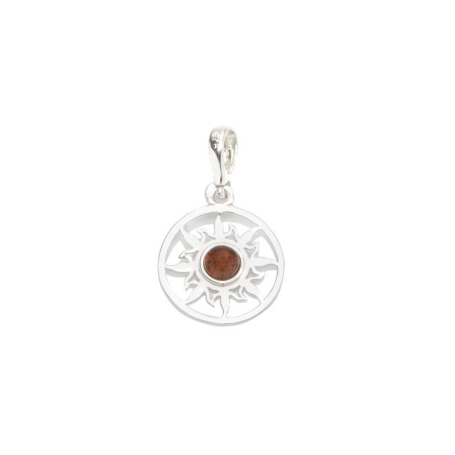 Sun pendant with cognac amber, in 925 rhodium silver, diameter 1.5+1 cm