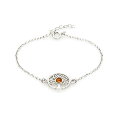 Bracelet arbre de vie avec ambre cognac, en argent rhodié 925, longueur 17+3 cm