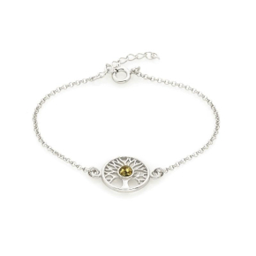 Pulseira árvore da vida com âmbar verde, em prata 925 banhada a ródio, comprimento 17+3 cm