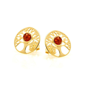 Boucles d'oreilles arbre de vie avec ambre cognac naturel, en argent doré 925