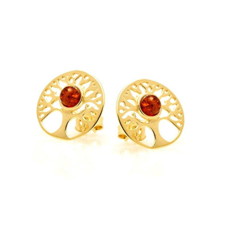 Boucles d'oreilles arbre de vie avec ambre cognac naturel, en argent doré 925
