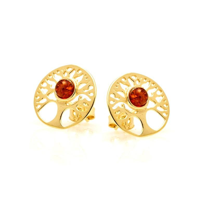 Pendientes árbol de la vida con ámbar coñac natural, en plata dorado 925