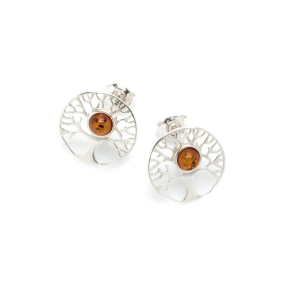 Pendientes Árbol de la vida con ámbar coñac natural, en plata 925 rodiada