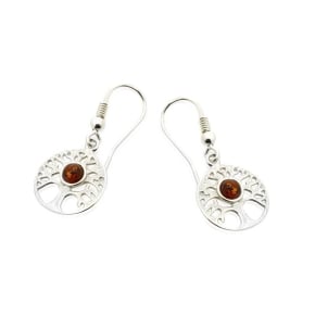 Levensboom oorbellen met natuurlijk cognac amber, in 925 gerhodineerd zilver