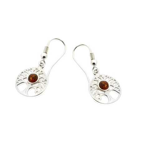 Boucles d'oreilles arbre de vie avec ambre cognac naturel, en argent rhodié 925