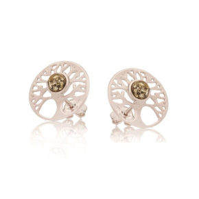 Boucles d'oreilles arbre de vie avec ambre vert naturel, en argent rhodié 925