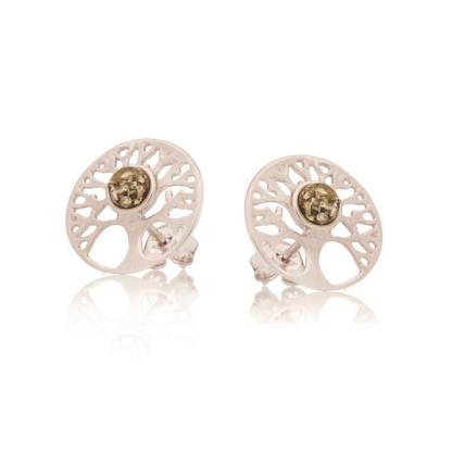 Boucles d'oreilles arbre de vie avec ambre vert naturel, en argent rhodié 925