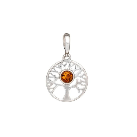Pendentif arbre de vie avec ambre cognac, argent rhodié 925, diamètre 1,5+1 cm