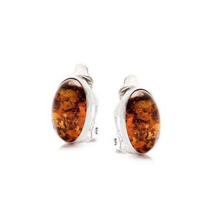 Clip-on earrings with cognac amber from the Baltic Sea, rhodium-plated silver 925