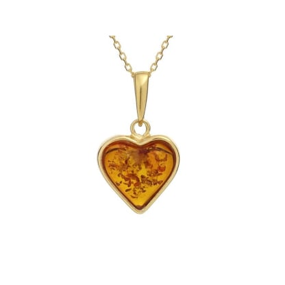 Pendentif coeur avec ambre cognac naturel, en argent doré 925, hauteur 1,4+1 cm
