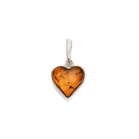 Pendentif coeur avec ambre cognac naturel, en argent rhodié 925, hauteur1,4+1 cm