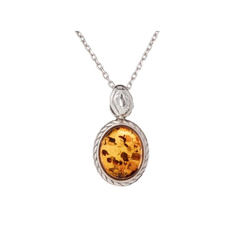 Pendentif avec ambre cognac ovale, en argent vieilli 925, hauteur 1+0,6 cm