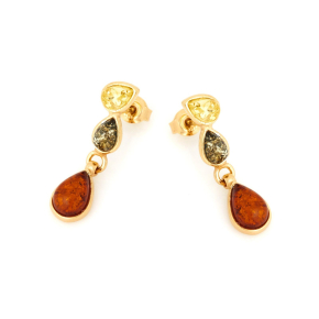 Boucles d'oreilles avec ambre multicolore naturel, en argent doré 925