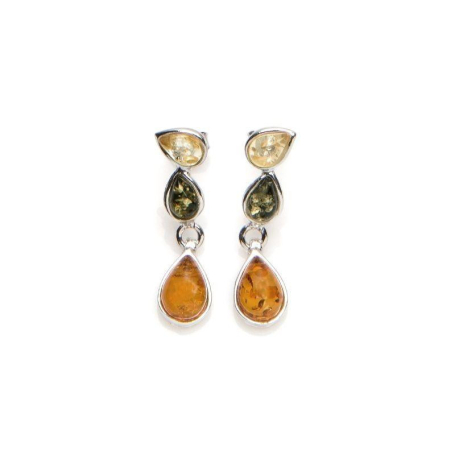 Boucles d'oreilles pendantes avec ambre multicolore goutte, en argent rhodié 925