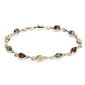 Bracelet avec ambre multicolore goutte, en argent rhodié 925, longueur 18 cm