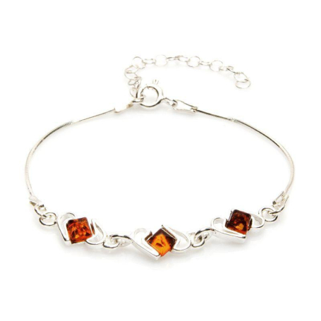 Pulsera con ámbar coñac cuadrado, en plata 925 rodiada, longitud 16+3 cm