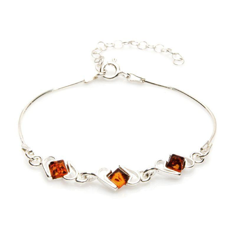 Pulsera con ámbar coñac cuadrado, en plata 925 rodiada, longitud 16+3 cm