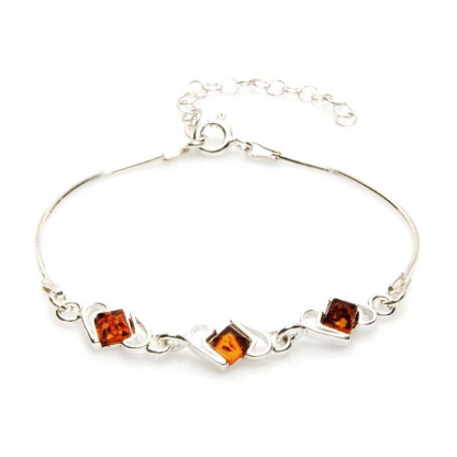 Pulsera con ámbar coñac cuadrado, en plata 925 rodiada, longitud 16+3 cm
