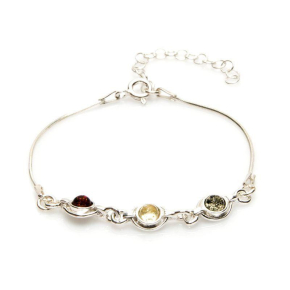 Bracelet avec ambre multicolore rond, en argent rhodié 925, longueur 16+3 cm