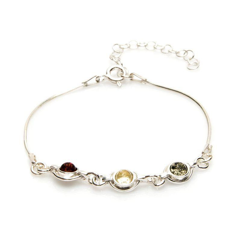 Bracelet with round multi-colored amber, in 925 rhodium silver, length 16+3 cm