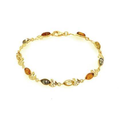 Bracelet avec ambre multicolore navette, en argent doré 925, longueur 19 cm
