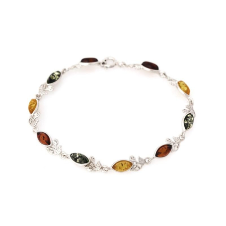 Bracelet with multi-colored amber navette, in 925 rhodium silver, length 18 cm