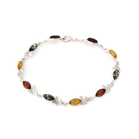 Pulseira com lançadeira multicolorida em âmbar, em prata 925 banhada a ródio, comprimento 18 cm