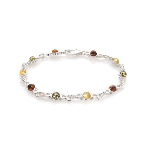 Pulseira redonda em âmbar multicolorido, em prata 925 banhada a ródio, comprimento 17 cm