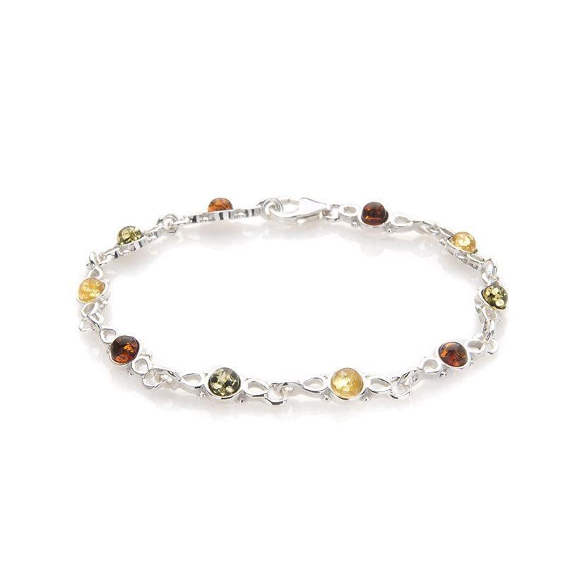 Armband met ronde veelkleurige barnsteen, in 925 gerhodineerd zilver, lengte 17 cm