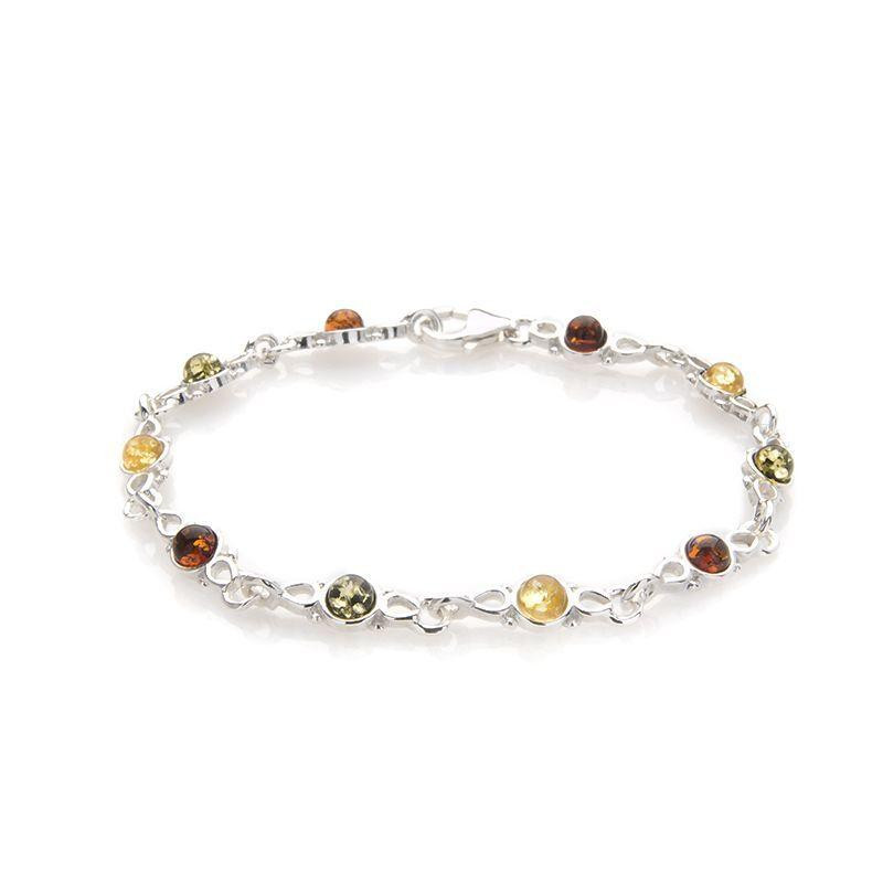 Bracelet avec ambre multicolore rond, en argent rhodié 925, longueur 17 cm