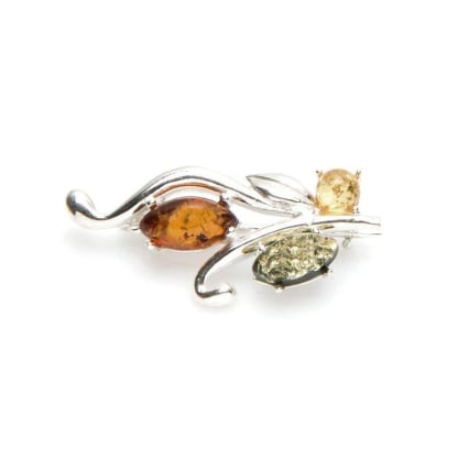 Broche avec ambre multicolore naturel de la mer Baltique, en argent rhodié 925