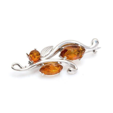 Broche avec ambre cognac naturel de la mer Baltique, en argent rhodié 925