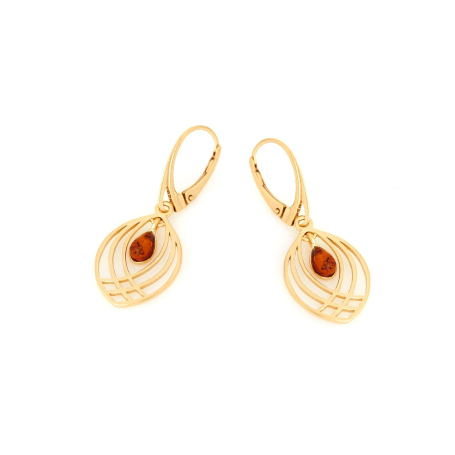 Boucles d'oreilles avec ambre cognac naturel, en argent doré 925