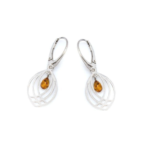 Boucles d'oreilles pendantes avec ambre cognac goutte, en argent rhodié 925