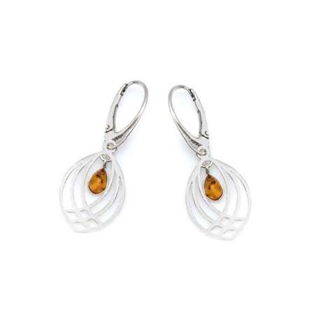 Drop earrings with cognac amber, in 925 rhodium silver