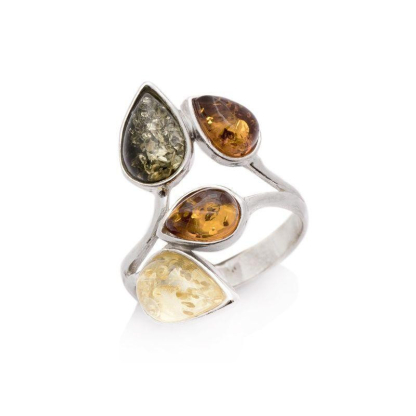 Anillo con ámbar natural multicolor del Mar Báltico, en plata 925 rodiada