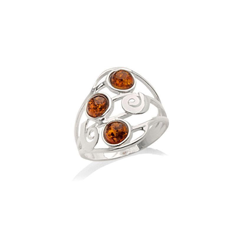 Bague avec ambre cognac naturel de la mer Baltique rond, en argent rhodié 925