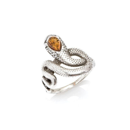 Snake ring with natural cognac amber drop, in 925 rhodium silver
