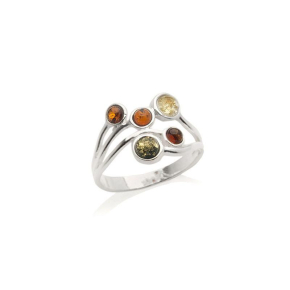 Bague avec ambre multicolore de la mer Baltique rond, en argent rhodié 925