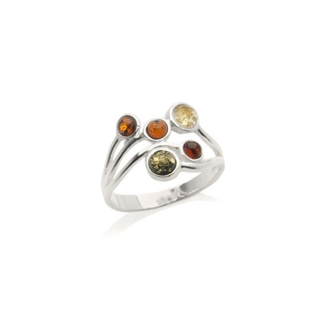 Anillo con ámbar redondo multicolor del Mar Báltico, en plata 925 rodiada