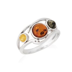 Bague avec ambre multicolore naturel de la mer Baltique, en argent rhodié 925