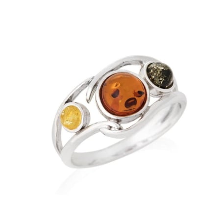 Anello con ambra naturale multicolore del Mar Baltico, realizzato in argento 925 rodiato