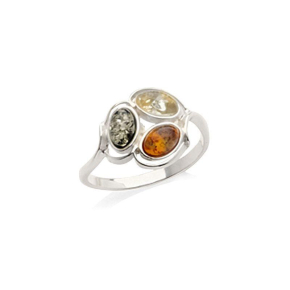 Bague avec ambre multicolore de la mer Baltique ovale, en argent rhodié 925