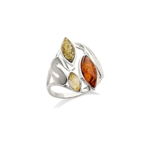 Bague avec ambre multicolore de la mer Baltique navette, en argent rhodié 925