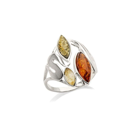 Ring with multi-colored Baltic amber navette, in 925 rhodium silver