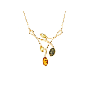 Collier avec ambre multicolore, en argent doré 925, longueur 42 + 3 cm