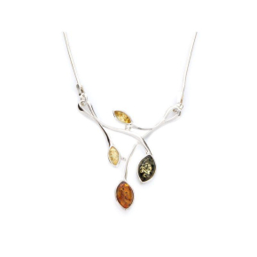 Necklace with natural multi-colored amber from the Baltic Sea, in 925 rhodium silver
