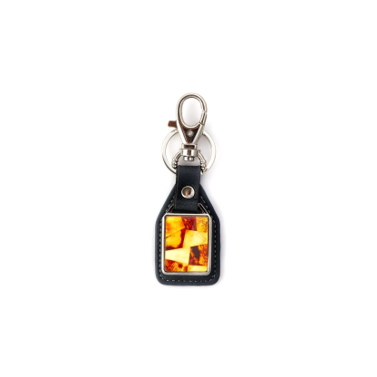 Siyah deri, çelik ve kehribar rengi mozaik anahtarlık