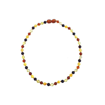 Babykette mit mehrfarbiger Bernsteinkugel, Clipverschluss, Länge 32 - 33 cm